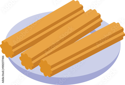 Three churros are lying on a plate, ready to be eaten