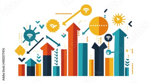 Infographic showing business growth with arrows, bar charts, and upward trend lines in bold, corporate colors.
