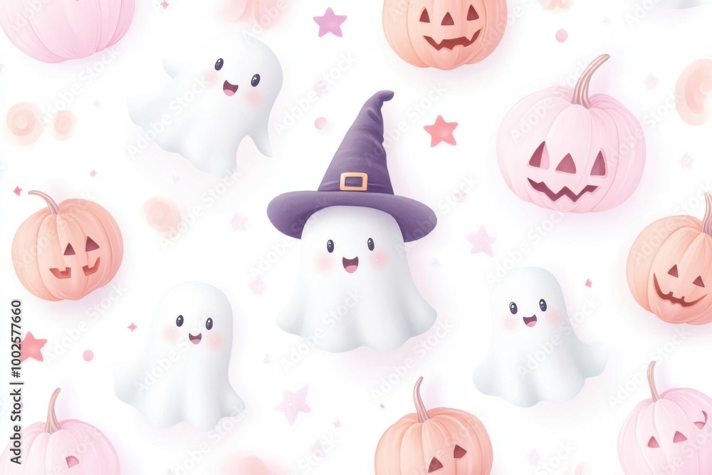 Fototapeta premium A whimsical Halloween pattern featuring cute ghosts and smiling pumpkins, perfect for festive designs and seasonal decor.