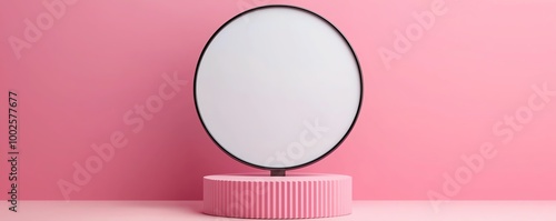 A stylish round mirror on a pink base, perfect for modern decor and photography. Ideal for showcasing beauty and elegance. photo