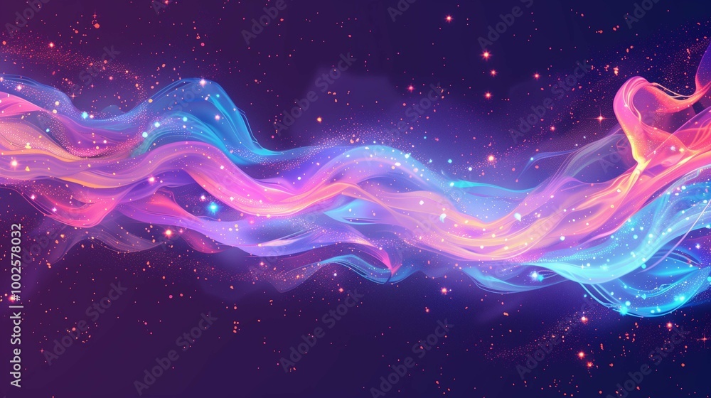 Obraz premium Sparkling smoke flow floating in starry sky background image. Deep cosmos beauty 3d illustration wallpaper picture backdrop. Outer space concept for business presentation corporate