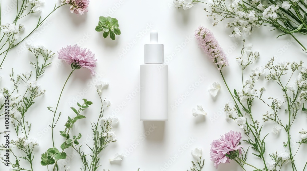 A trendy skincare product in a white cream bottle, photographed from above on a crisp white background with flowers, A trendy skincare product in a white cream bottle, photographed from above on a crisp white background with flowers,