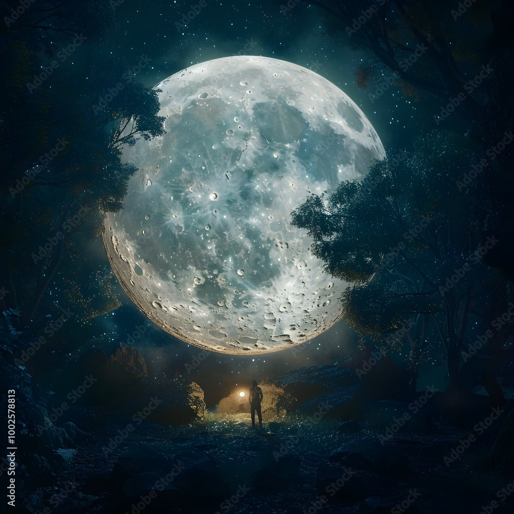 Fototapeta premium Giant Glowing Moon Illuminates Mystical Cosmic Garden Landscape in Enchanting Nighttime Scene