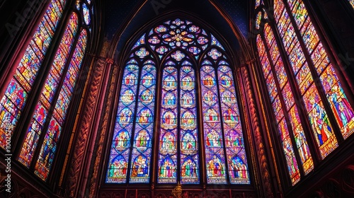 A vibrant stained glass window in a Gothic cathedral, depicting religious figures in radiant colors,