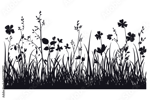 Silhouette of Flowers and Grass Vector