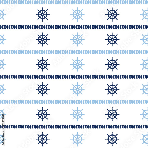 A repeating pattern featuring nautical elements like ship wheels and ropes in shades of blue.