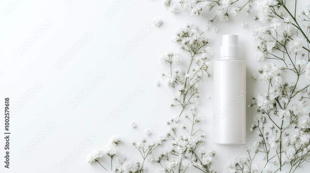 A white skincare product in a cream bottle on a white background, accented with soft floral elements A white skincare product in a cream bottle on a white background, accented with soft floral elements