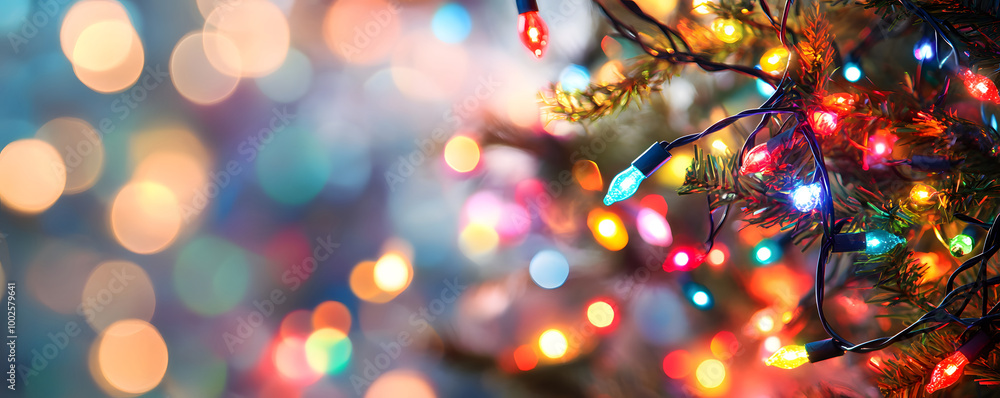 Festive Holiday Lights on Christmas Tree with Bokeh Effect Festive Holiday Lights on Christmas Tree with Bokeh Effect