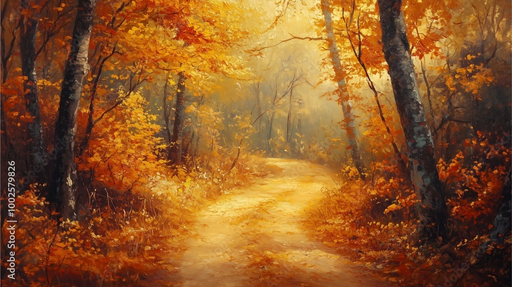 A serene autumn landscape featuring a winding path through a forest filled with vibrant orange and gold foliage. A serene autumn landscape featuring a winding path through a forest filled with vibrant orange and gold foliage.