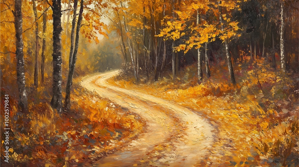 Fototapeta premium A winding path through a vibrant autumn forest, adorned with golden leaves and dappled sunlight, inviting a tranquil journey in nature’s embrace.