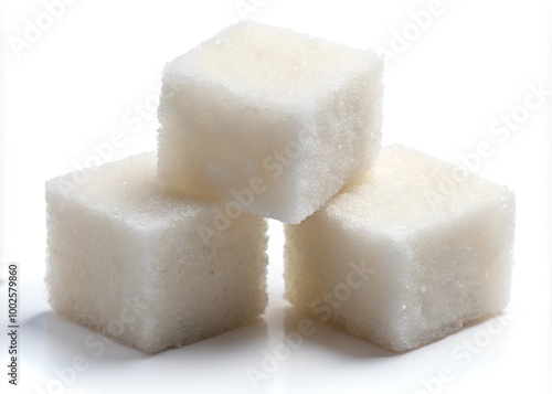 Close-up of three white sugar cubes, isolated on white background