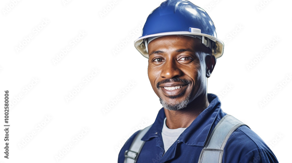 Fototapeta premium Smiling factory worker wearing a safety helmet isolated on transparent background PNG.
