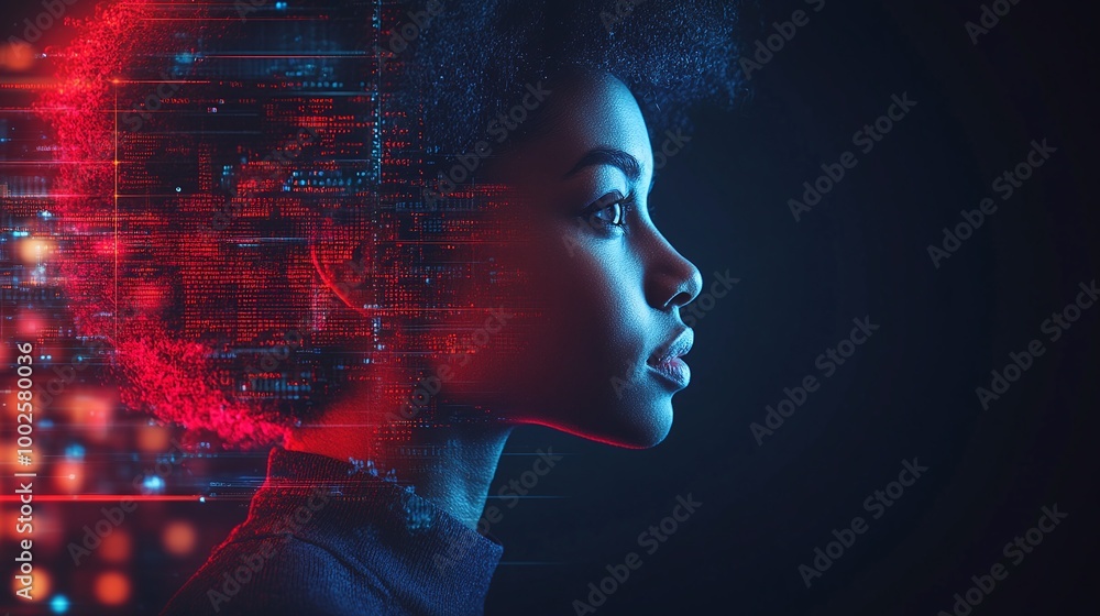 black african american female it specialist analyzing ai cybersecurity threat, augmented reality collage, exploring artificial intelligence and information technology systems, side profile, copy space black african american female it specialist analyzing ai cybersecurity threat, augmented reality collage, exploring artificial intelligence and information technology systems, side profile, copy space