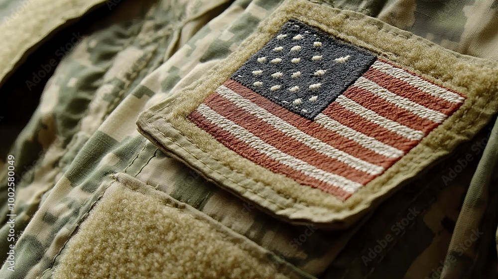Fototapeta premium Close-up of an American flag patch sewn onto a camouflage uniform.