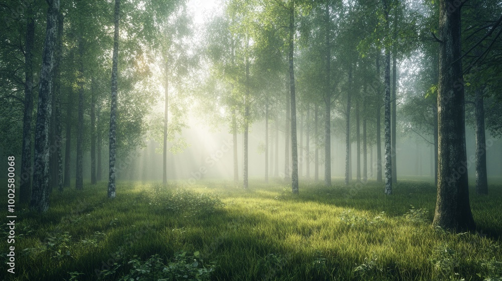 Obraz premium A peaceful morning in a foggy forest, with soft sunlight barely breaking through the thick canopy