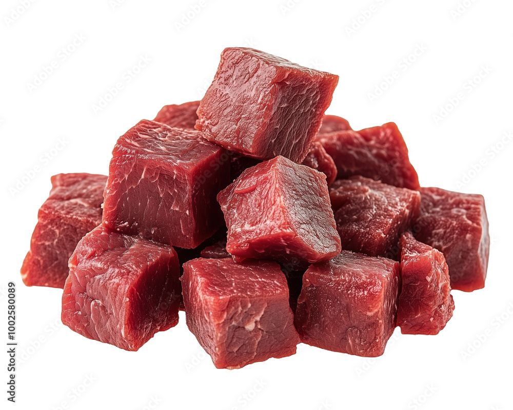 Freshly cut raw beef cubes ready for stews and hearty recipes in a clean kitchen Freshly cut raw beef cubes ready for stews and hearty recipes in a clean kitchen