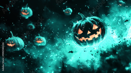 Halloween pumpkins falling in motion. AI generative