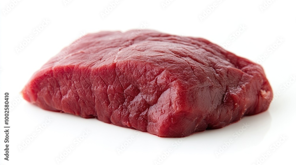 Fototapeta premium A raw horse meat fillet placed on a white background, focusing on its freshness and quality, perfect for specialized meat markets or culinary concepts.