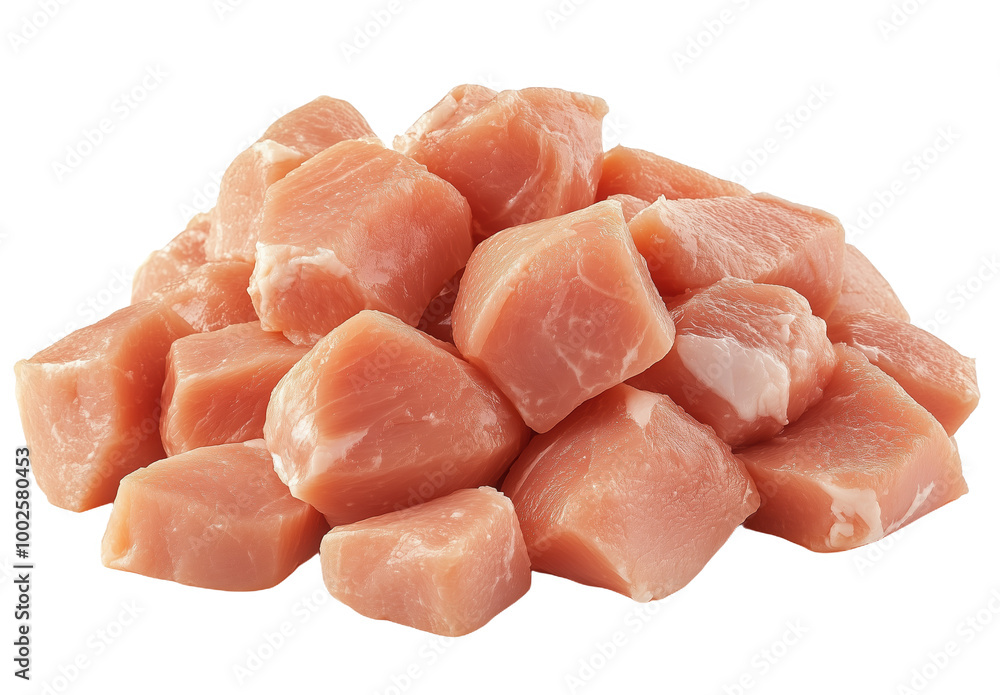 Freshly cut cube-shaped raw chicken meat ready for cooking and meal preparation Freshly cut cube-shaped raw chicken meat ready for cooking and meal preparation