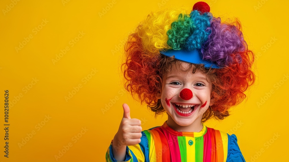 Cheerful child clown in a colorful outfit with thumbs up on a bright yellow background. Cheerful child clown in a colorful outfit with thumbs up on a bright yellow background.