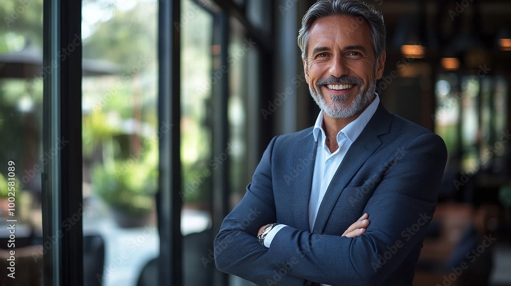 a senior businessman standing proudly in front of a window, smiling in a business suit, reflecting corporate success, executive leadership, and professional confidence built over years of experience a senior businessman standing proudly in front of a window, smiling in a business suit, reflecting corporate success, executive leadership, and professional confidence built over years of experience
