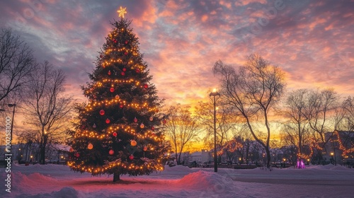 Christmas festival lights and decorations surround a tree, silhouetted against a glowing sunset or sunrise sky,