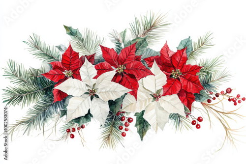 Watercolor christmas garland featuring red and white poinsettias, holly, berries, and pine branches