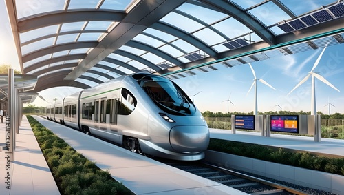 An electric train charging at a modern station powered by renewable energy, with solar panels and wind turbines in the background.