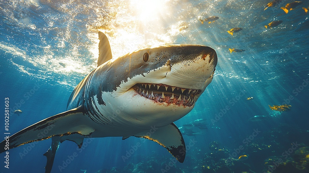 Fototapeta premium an unforgettable shark encounter in the ocean, diving with powerful predators, exploring marine wildlife in their natural habitat, an exhilarating aquatic adventure with sharks up close