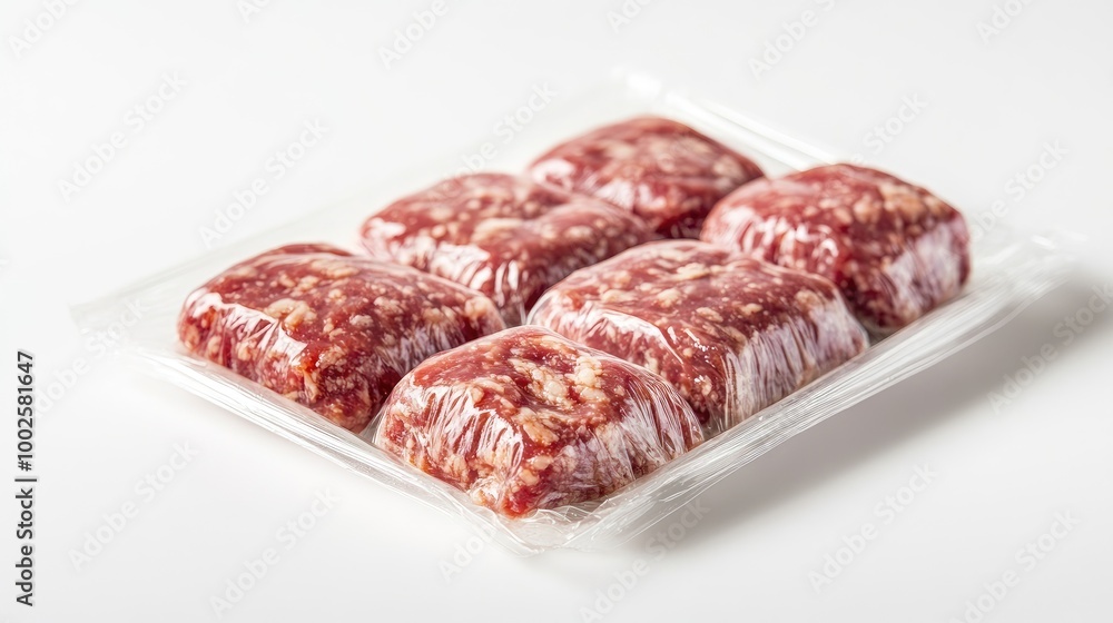 Packaged ground lamb in clear plastic, displayed on a white background, ideal for retail or meal preparation visuals. Packaged ground lamb in clear plastic, displayed on a white background, ideal for retail or meal preparation visuals.