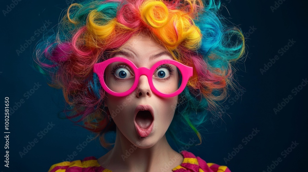 Woman with colorful wig and pink glasses showing surprise on a dark blue background. Woman with colorful wig and pink glasses showing surprise on a dark blue background.