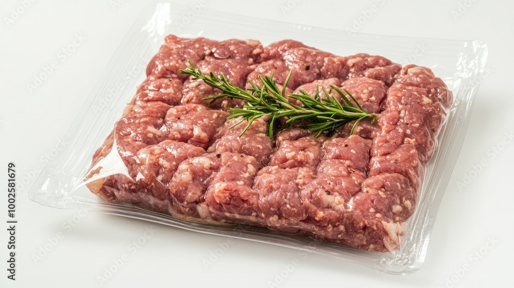 Packaged ground lamb in clear plastic, displayed on a white background, ideal for retail or meal preparation visuals. Packaged ground lamb in clear plastic, displayed on a white background, ideal for retail or meal preparation visuals.