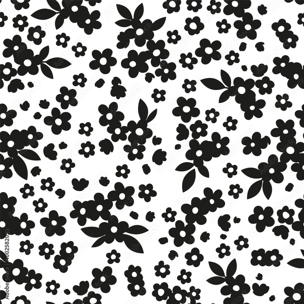 Fototapeta premium Black and white seamless pattern. Hand drawn illustration. Silhouette of stylized different abstract flowers