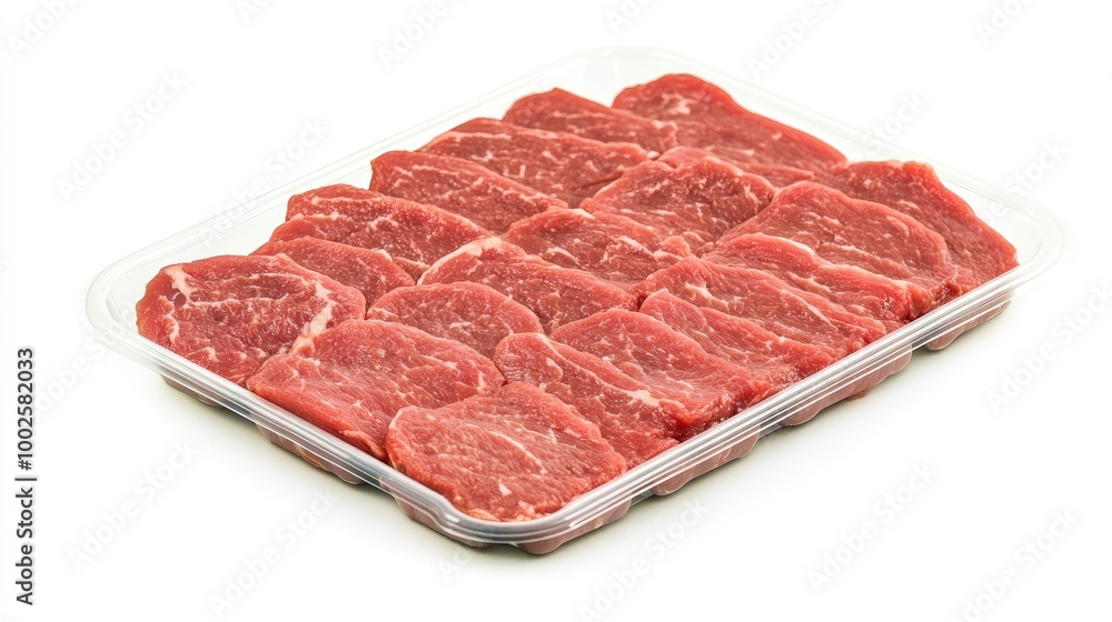 Fototapeta premium Pre-packaged horse meat slices arranged in a plastic tray, displayed on a clean white background, perfect for retail or gourmet meal preparations.