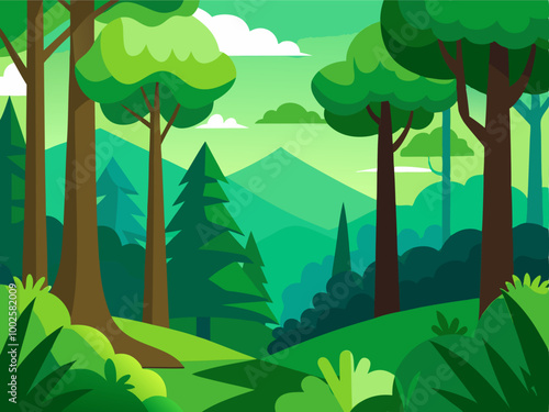 A green forest with trees and a mountain in the background. The trees are tall and lush, and the sky is clear with several clouds. Scene is peaceful and serene, with the natural beauty of the forest
