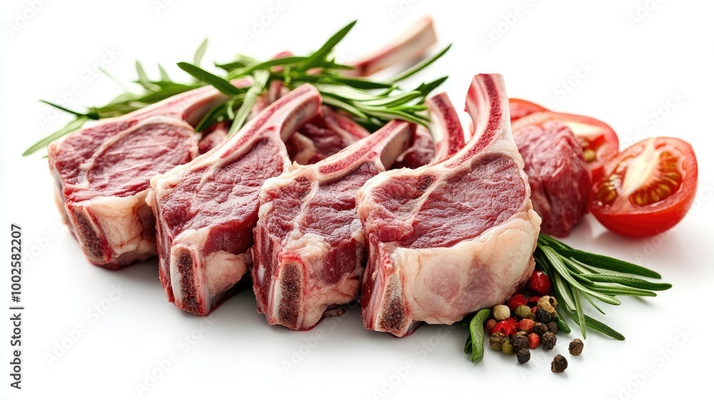 Raw lamb chops neatly arranged on a white background, focusing on freshness and premium quality for gourmet meal preparation. Raw lamb chops neatly arranged on a white background, focusing on freshness and premium quality for gourmet meal preparation.