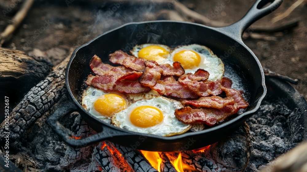 Pancakes, eggs, and bacon prepared for breakfast on a cast-iron skillet over a campfire Pancakes, eggs, and bacon prepared for breakfast on a cast-iron skillet over a campfire