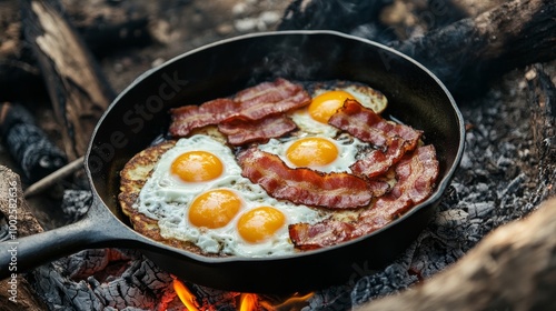 Pancakes, eggs, and bacon prepared for breakfast on a cast-iron skillet over a campfire