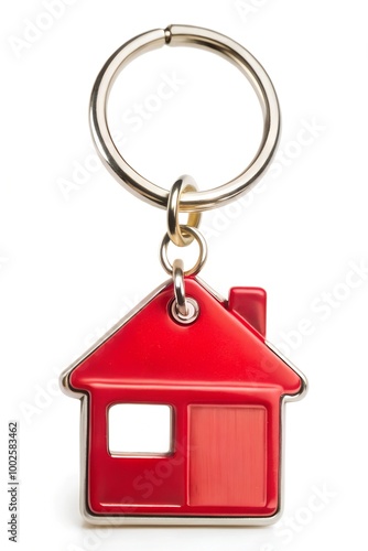 House keys with red house shaped keychain, isolated on white background