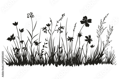 Silhouette of Flowers and Grass Vector