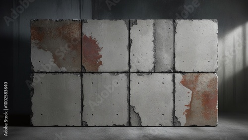 Grungy, textured brick wall with a small hole, aged and weathered with a vintage, rough surface