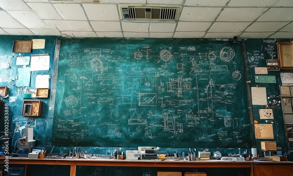 This image presents a chalkboard covered in complex physics formulas and diagrams, representing scientific thought, education, and intellectual exploration Video This image presents a chalkboard covered in complex physics formulas and diagrams, representing scientific thought, education, and intellectual exploration Video
