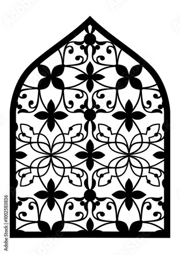 Monochrome arch shape Traditional Indian Mughal door, window with geometric arabesque pattern, silhouette Indian arch. Decorative Grille Ideas, Jali, Wall Separator.  Mughal paisley abstract ikat.