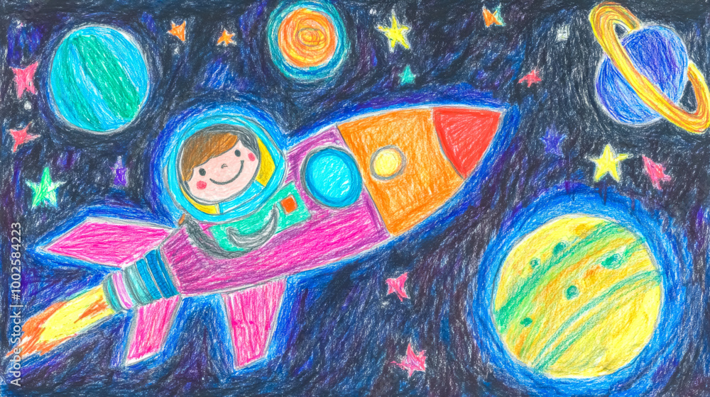 Fototapeta premium Smiling astronaut exploring space in a rocket drawing