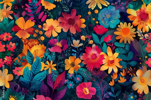 A colorful painting of a flower garden with many different types of flowers