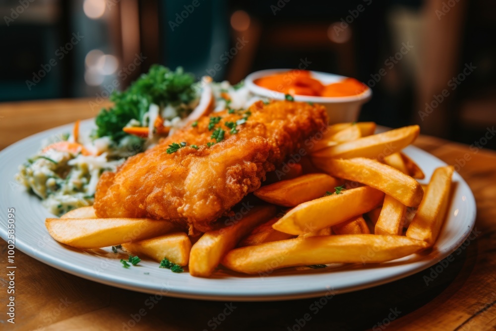 Close up of fish and chips served on a plate Close up of fish and chips served on a plate