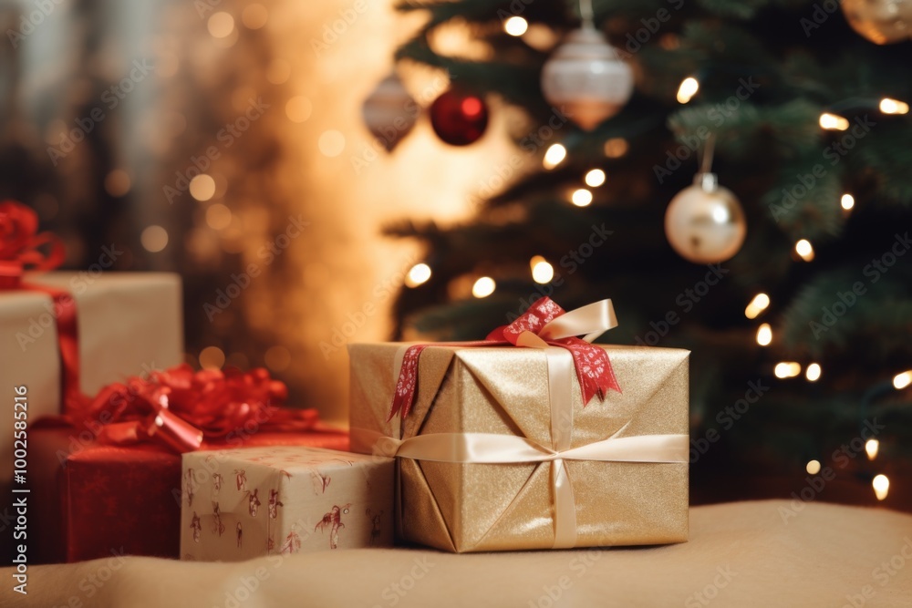 Close up of presents by a Christmas tree in home Close up of presents by a Christmas tree in home