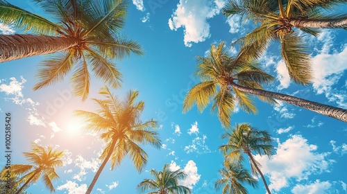 tropical paradise with palm trees and a cloudless blue sky, relaxing island view, sunny and peaceful landscape with lush greenery, perfect for a summer vacation or tropical nature escape photo