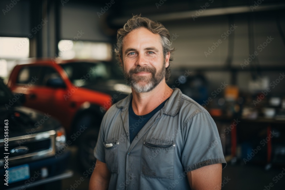 Smiling portrait of a middle aged Caucasian car mechanic in workshop Smiling portrait of a middle aged Caucasian car mechanic in workshop
