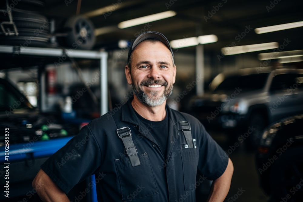 Smiling portrait of a middle aged Caucasian car mechanic in workshop Smiling portrait of a middle aged Caucasian car mechanic in workshop